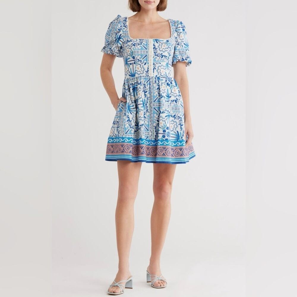Avec Les Filles Puff Sleeve Fit & Flare Dress Blue Palm Tile Print US 14